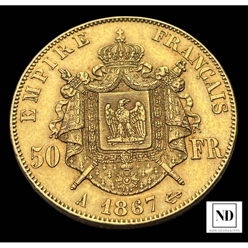 50 Francos de Napoleón III - 1867 - 16,12g Au - 2000 unidades