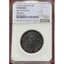 8 Reales de Fernando VI - 1751 - Potosí -20,32g Ag - Encapsulada por NGC