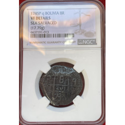 8 Reales de Felipe V - 1745 - Potosí -17,74g Ag - Encapsulada por NGC