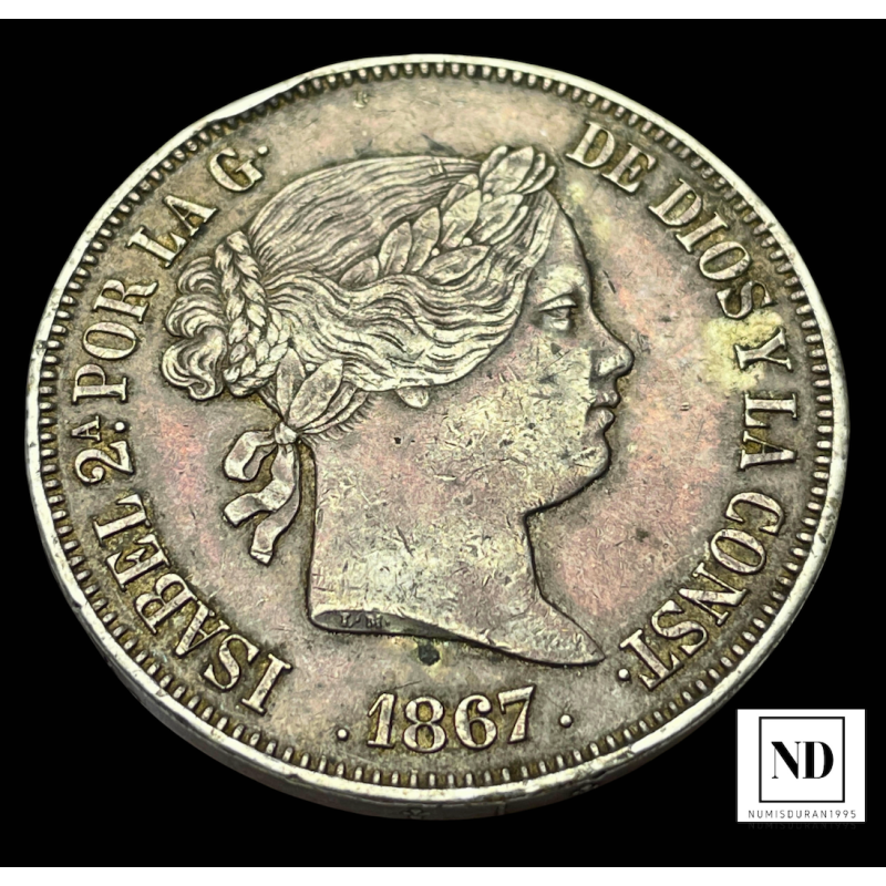 2 Escudos de Isabel II - Madrid - 26,02g Ag - 1867
